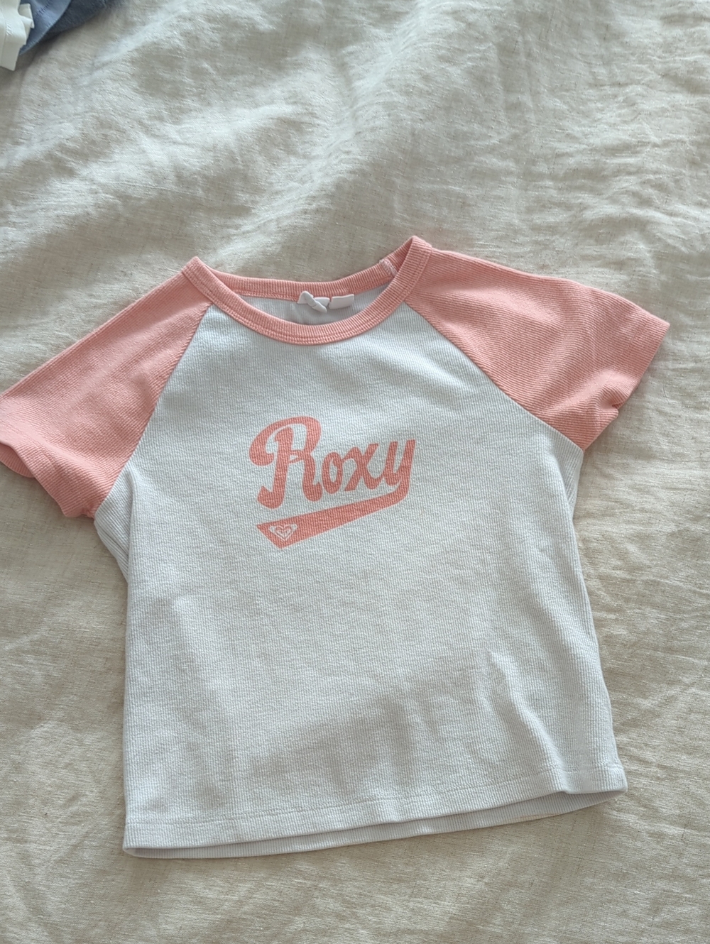 Roxy White Tee with Light Pink Raglan Sleeves and Logo